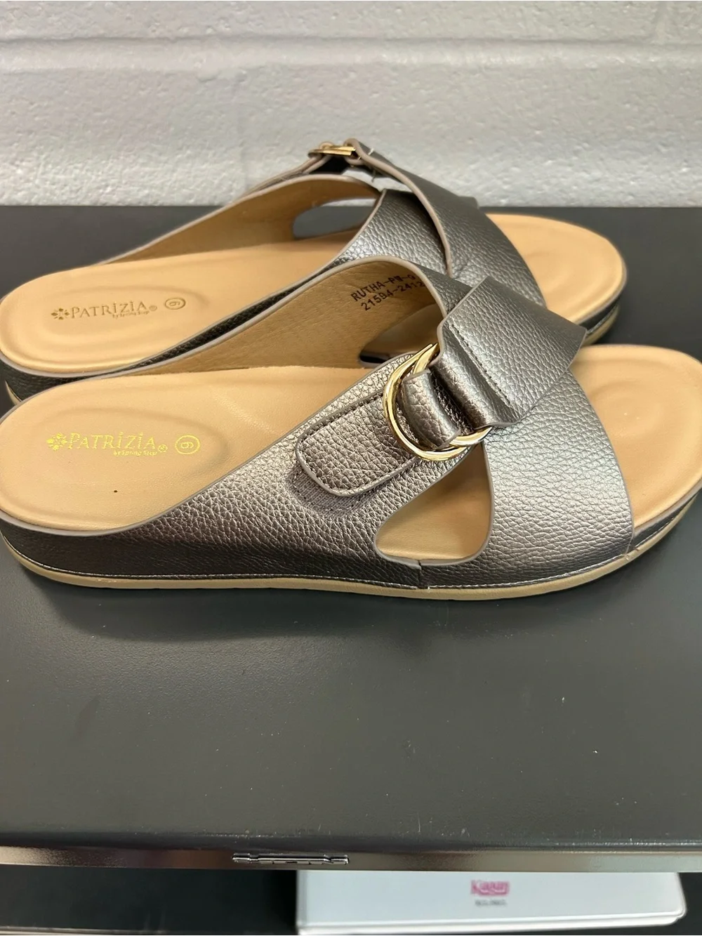 Patrizia by Spring Step Rutha Metallic Taupe Slide Sandal with Gold Buckle 9
